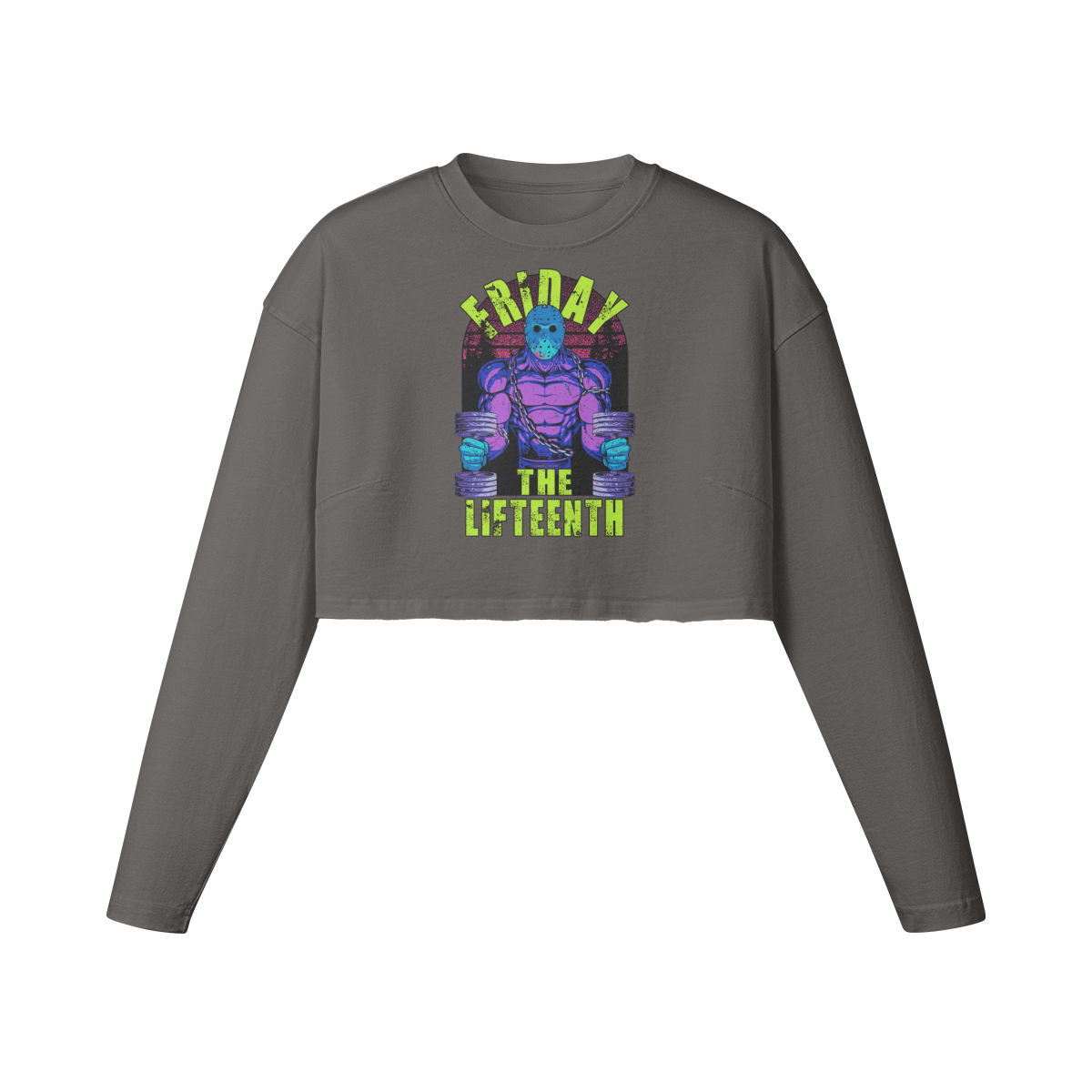 FRIDAY THE LIFTEENTH (RETRO)- Womens Long Sleeve Crop Top-Granite Gray-League of Lifters