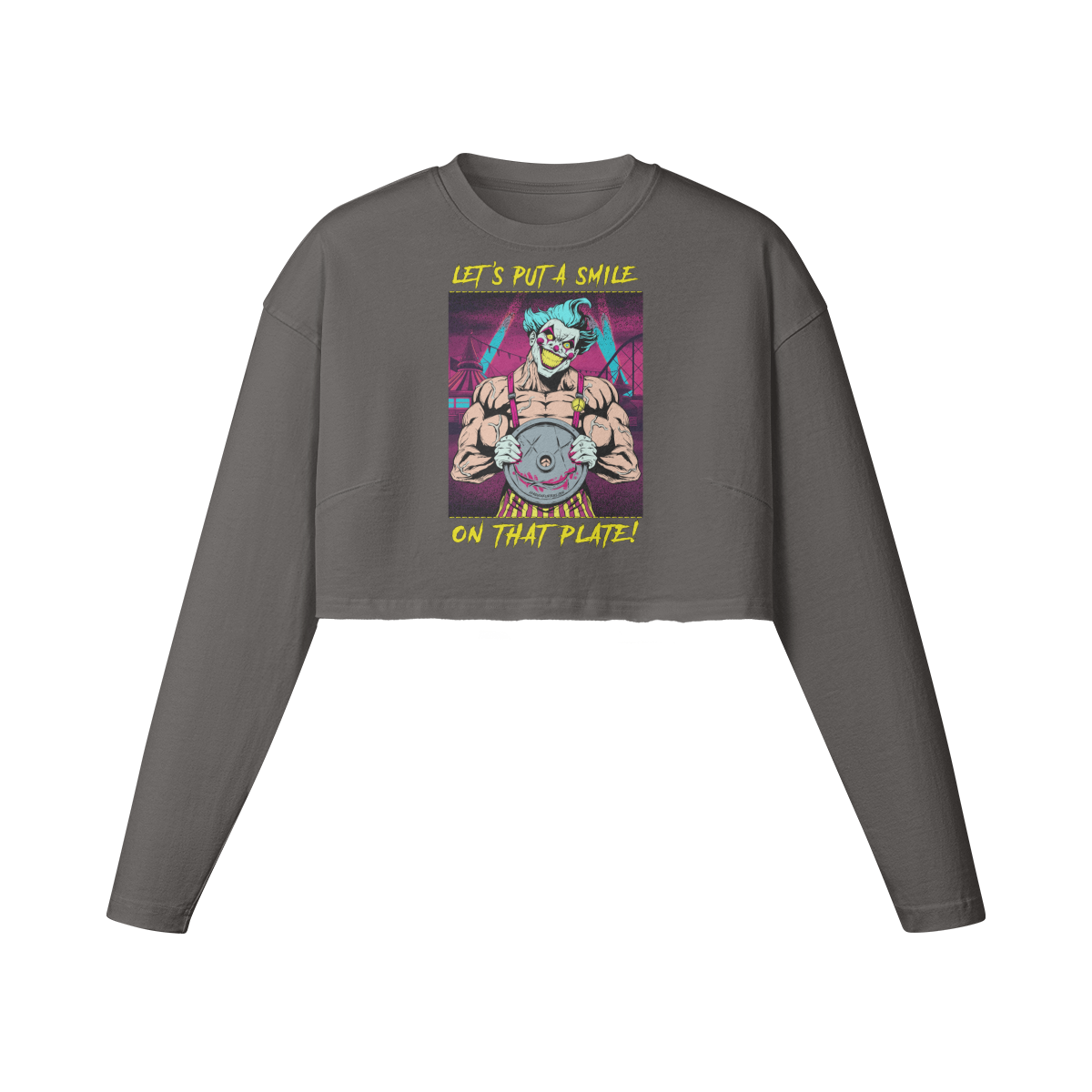 SMILE ON THAT PLATE (RETRO)- Womens Long Sleeve Crop Top-Granite Gray-League of Lifters