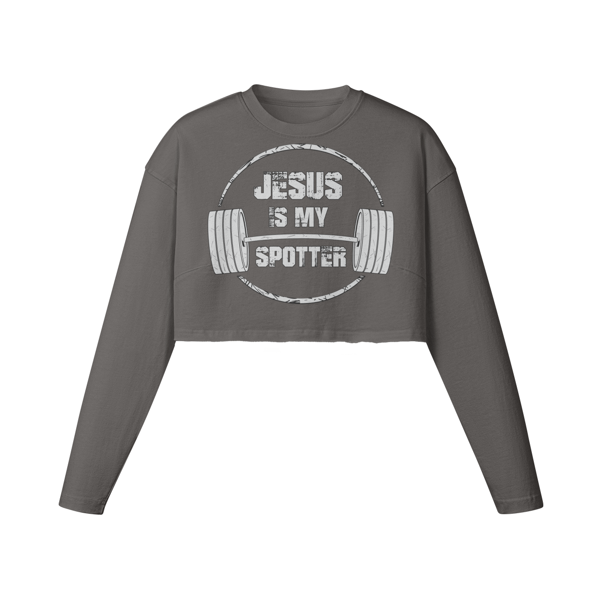 JESUS IS MY SPOTTER (TEXT)- Womens Long Sleeve Crop Top-Granite Gray-League of Lifters