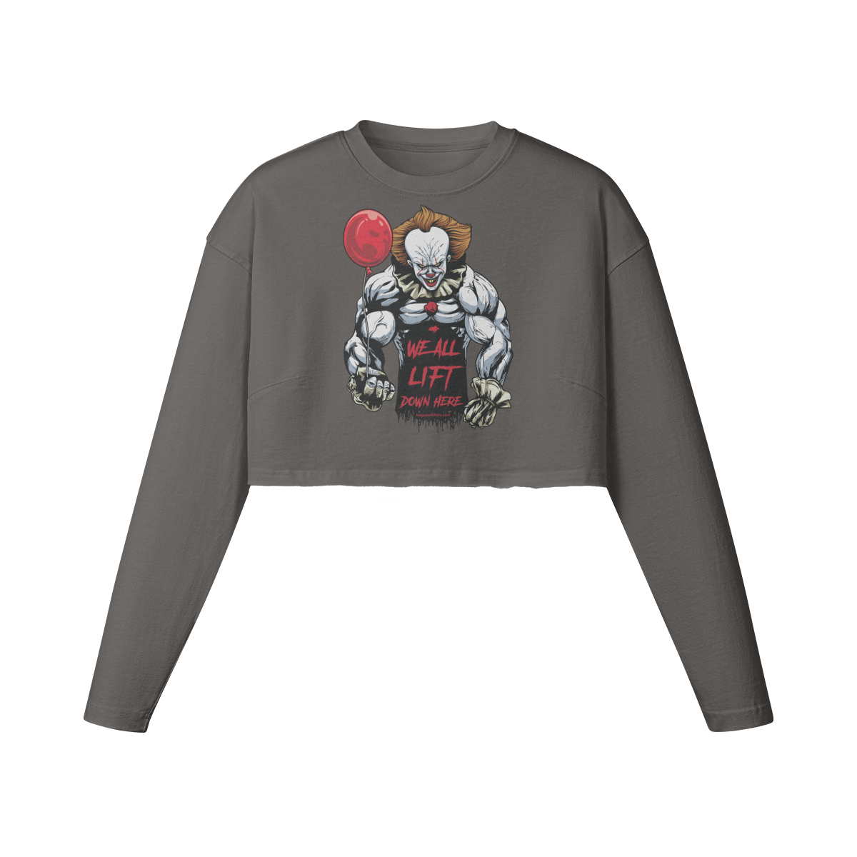WE ALL LIFT DOWN HERE (BALLOON)- Womens Long Sleeve Crop Top-Granite Gray-League of Lifters
