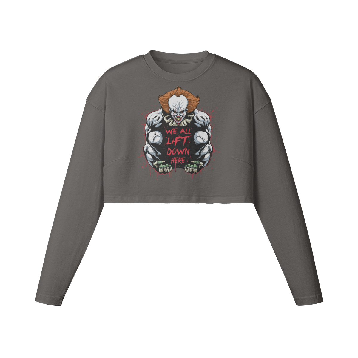 WE ALL LIFT DOWN HERE (CLASSIC)- Womens Long Sleeve Crop Top-Granite Gray-League of Lifters