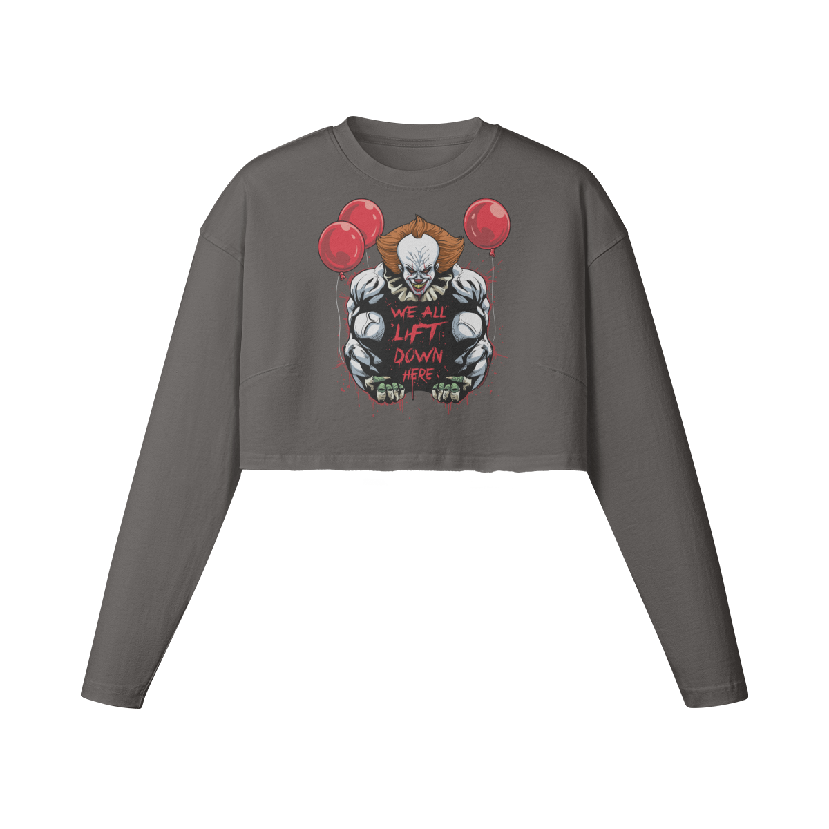 WE ALL LIFT DOWN HERE (CLASSIC BALLOONS)- Womens Long Sleeve Crop Top-Granite Gray-League of Lifters