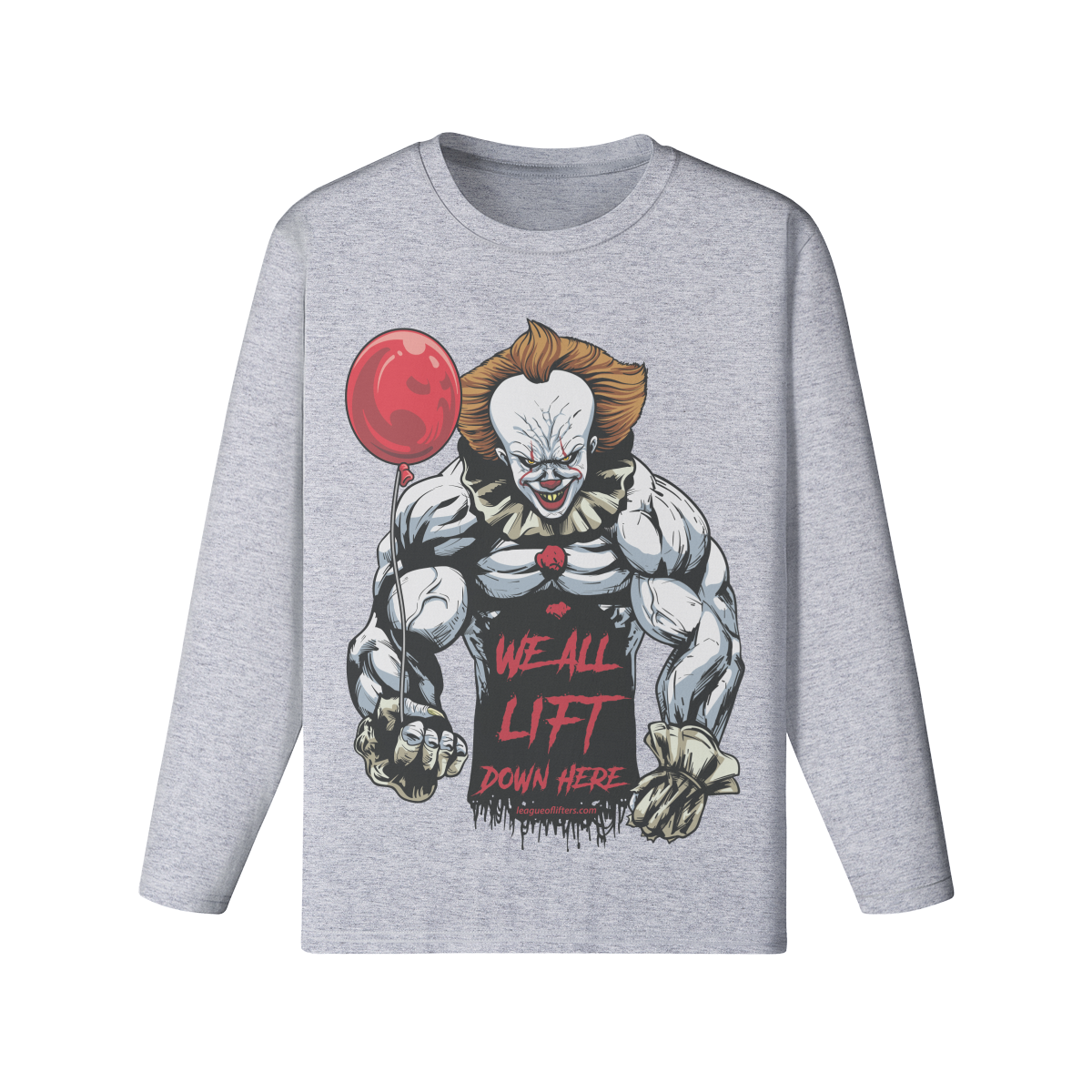 WE ALL LIFT DOWN HERE (BALLOON)- Classic Long Sleeve Top-Medium Heather Gray-League of Lifters