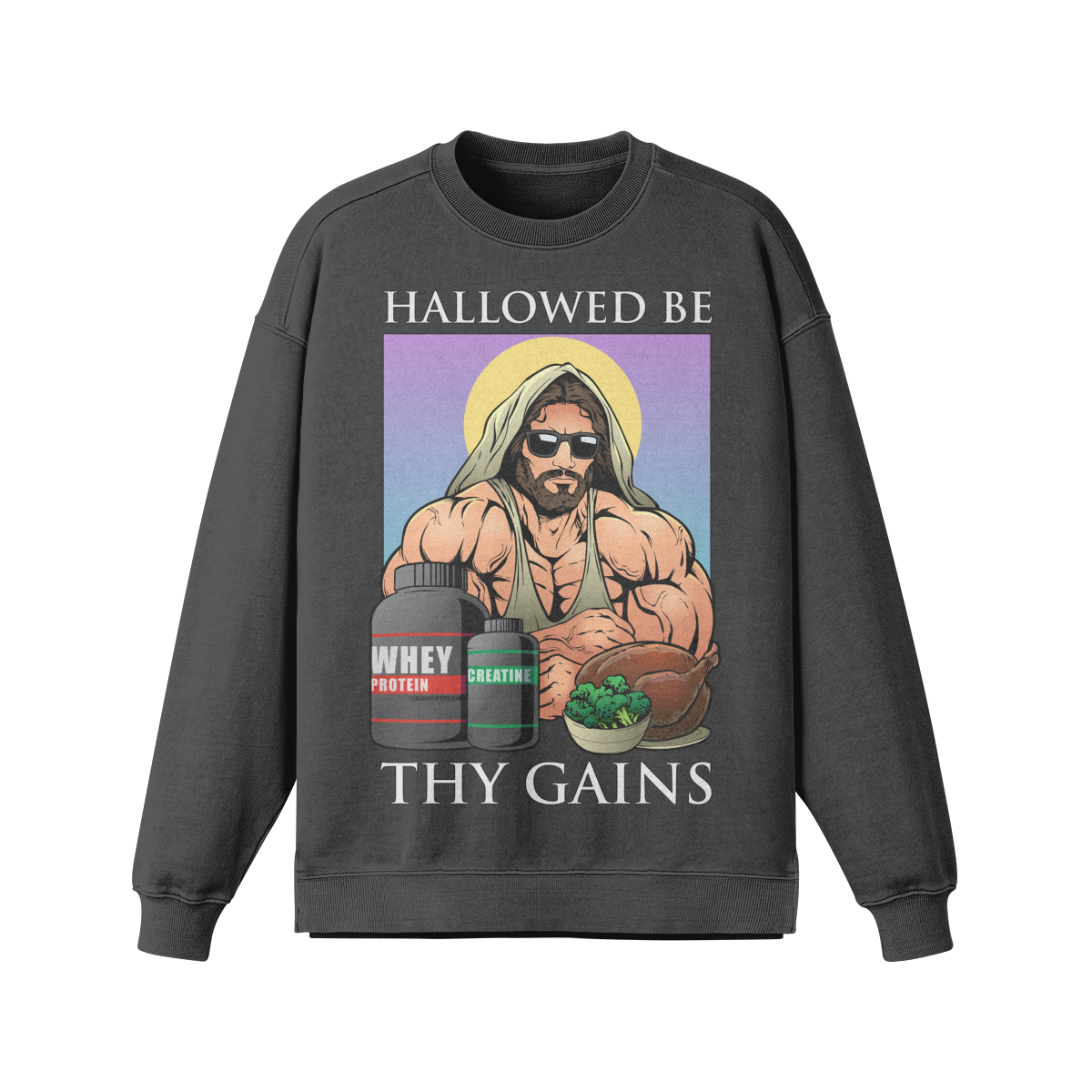 HALLOWED BE THY GAINS- Oversized Long Sleeve Sweatshirt-Eclipse Gray-League of Lifters