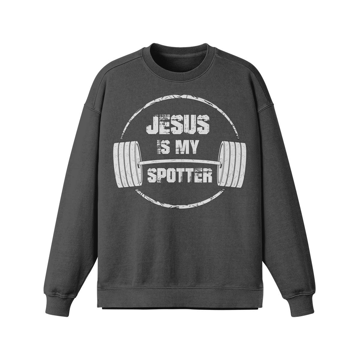 JESUS IS MY SPOTTER (TEXT)- Oversized Long Sleeve Sweatshirt-Eclipse Gray-League of Lifters