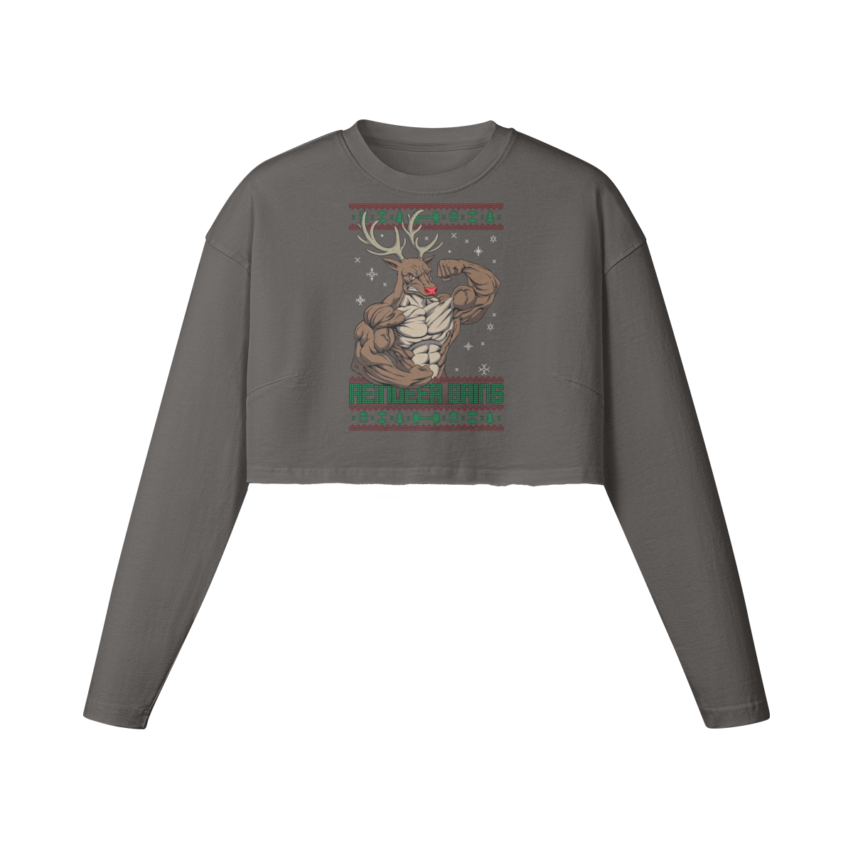 REINDEER GAINS- Womens Long Sleeve Crop Top-Granite Gray-League of Lifters