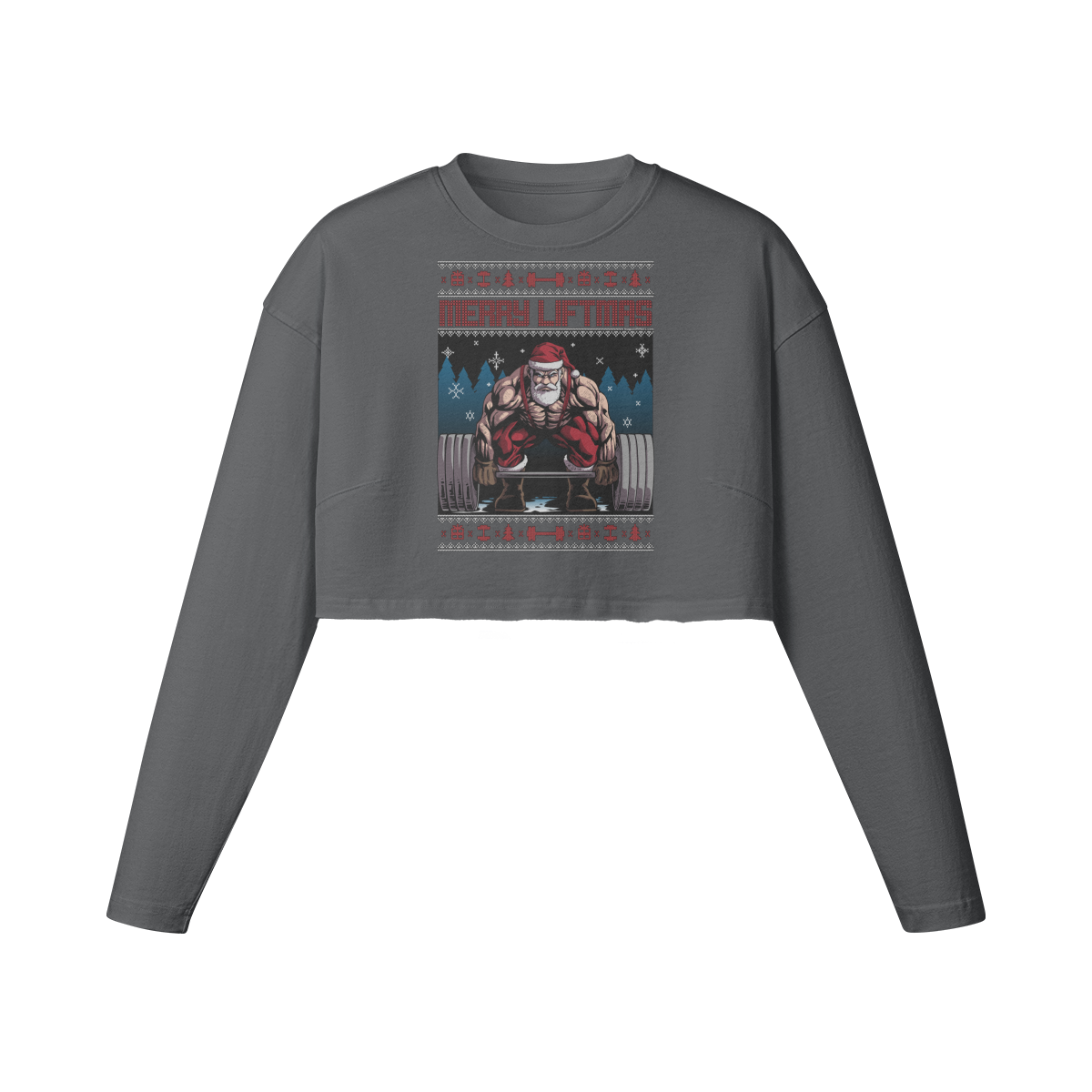 MERRY LIFTMAS- Womens Long Sleeve Crop Top-Carbon Gray-League of Lifters