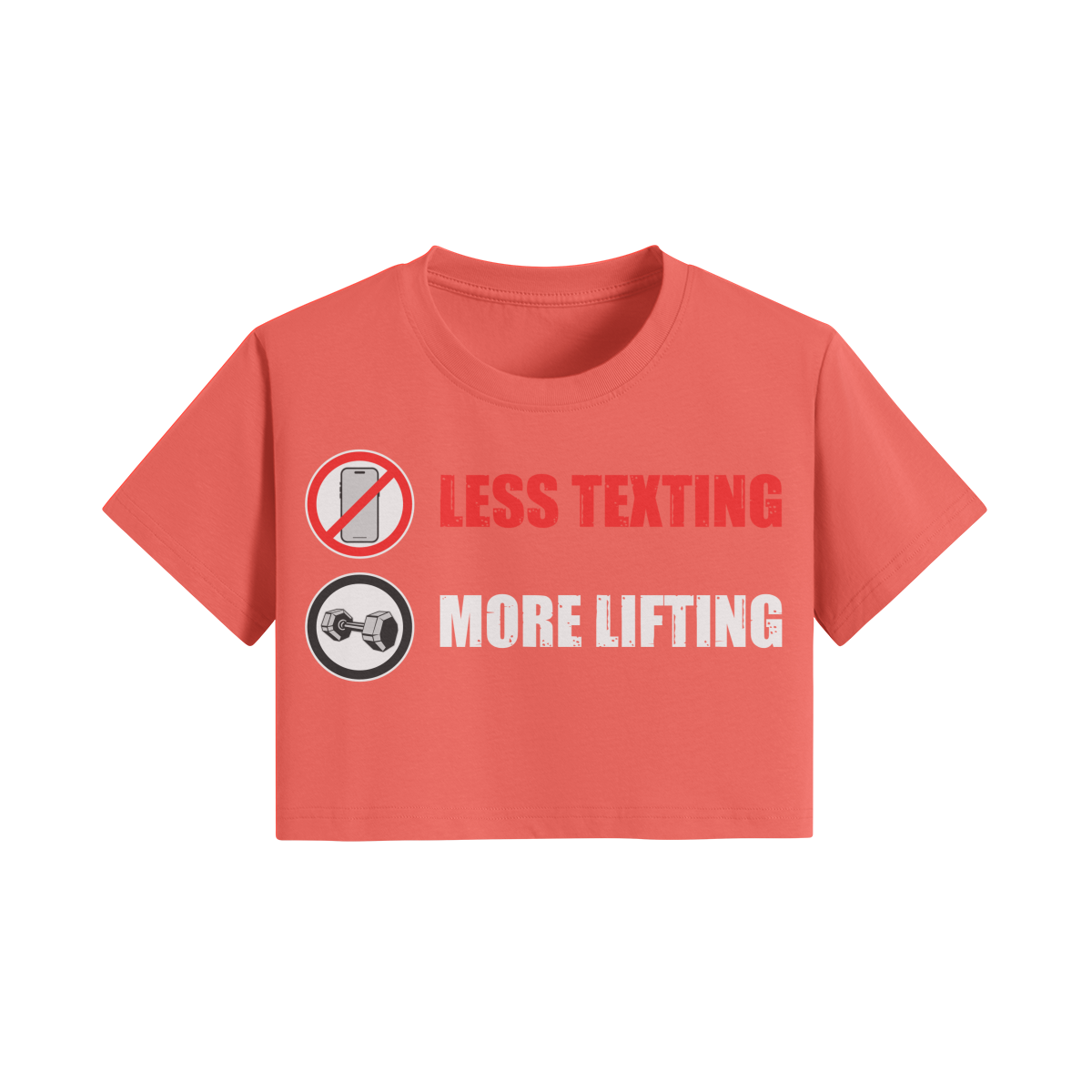 LESS TEXTING MORE LIFTING- Womens Crop Top-Grapefruit Red-League of Lifters