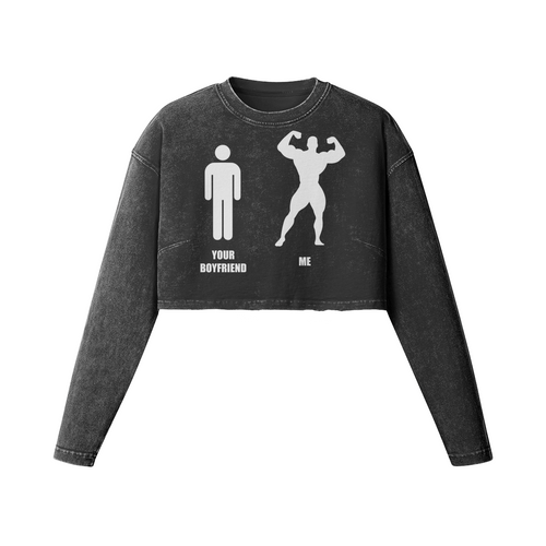 YOUR BOYFRIEND VS ME- Womens Long Sleeve Crop Top-Faded Black-League of Lifters