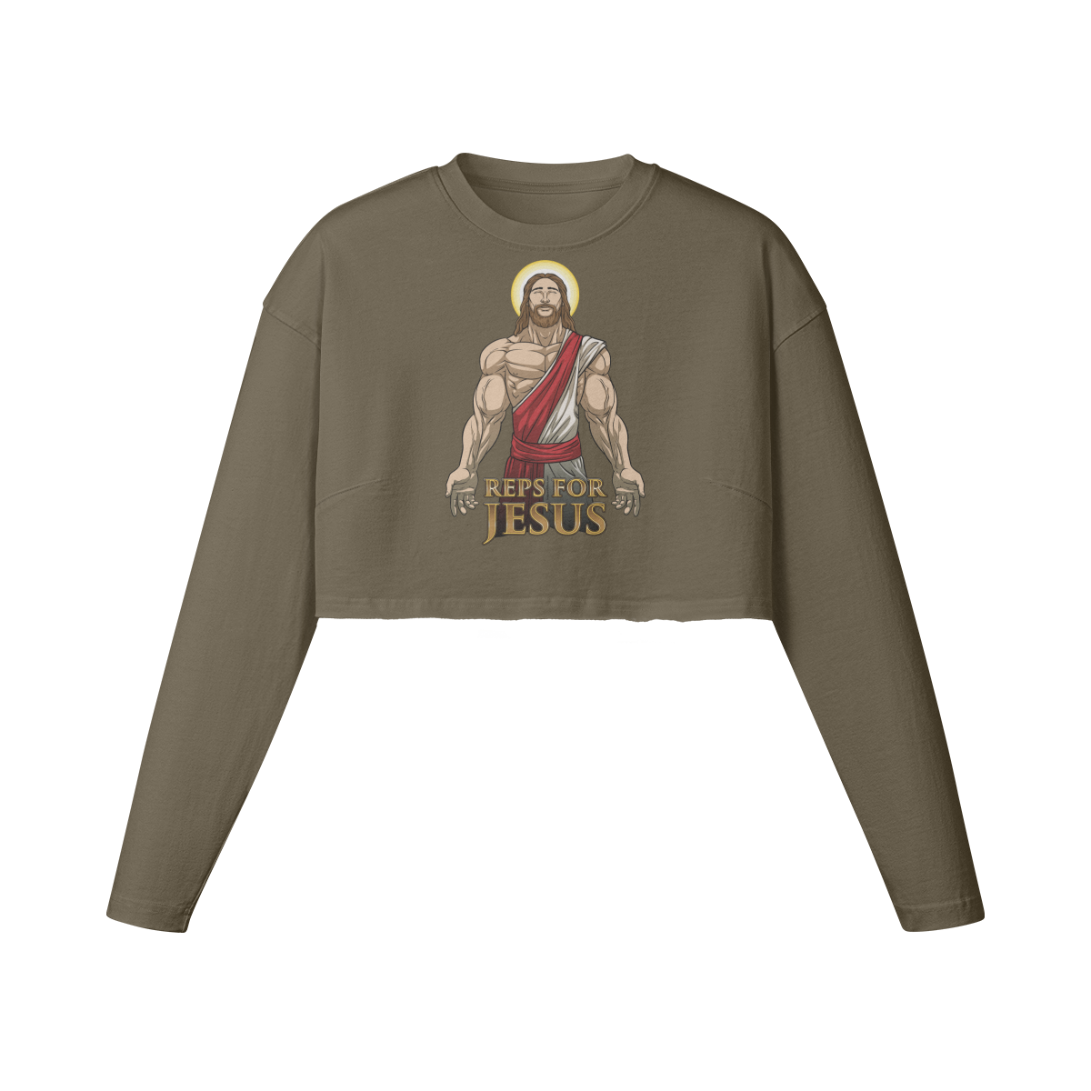 REPS FOR JESUS- Womens Long Sleeve Crop Top-Army Brown-League of Lifters