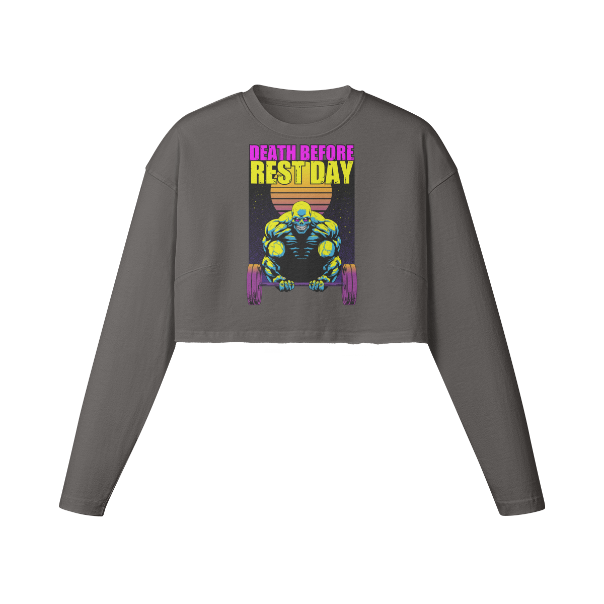 DEATH BEFORE REST DAY- Womens Long Sleeve Crop Top-Granite Gray-League of Lifters
