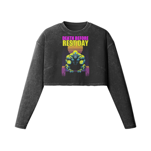 DEATH BEFORE REST DAY- Womens Long Sleeve Crop Top-Faded Black-League of Lifters
