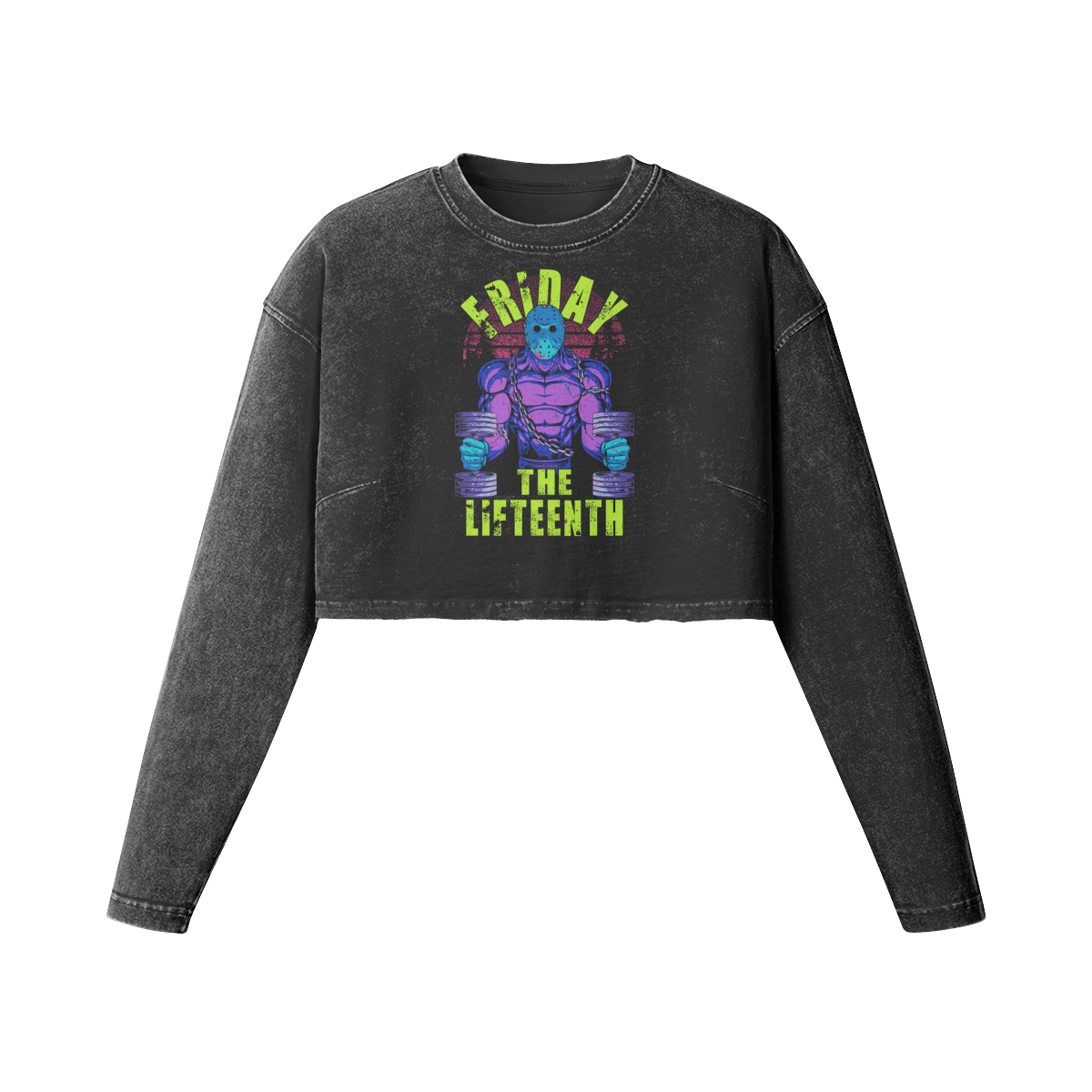 FRIDAY THE LIFTEENTH (RETRO)- Womens Long Sleeve Crop Top-Faded Black-League of Lifters