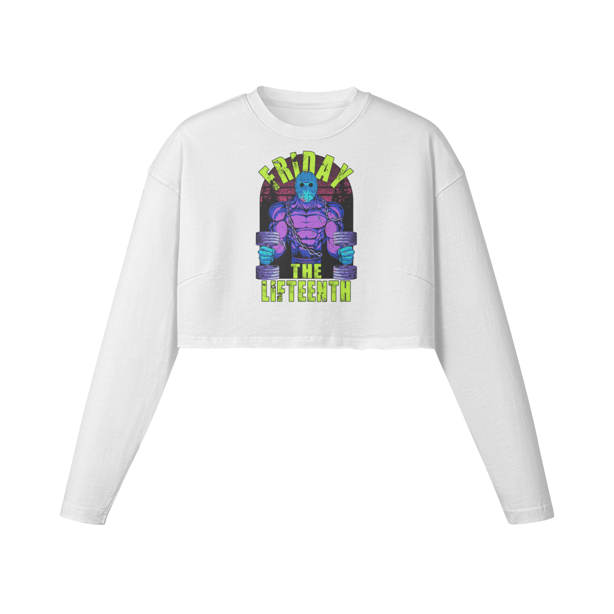 FRIDAY THE LIFTEENTH (RETRO)- Womens Long Sleeve Crop Top-White-League of Lifters