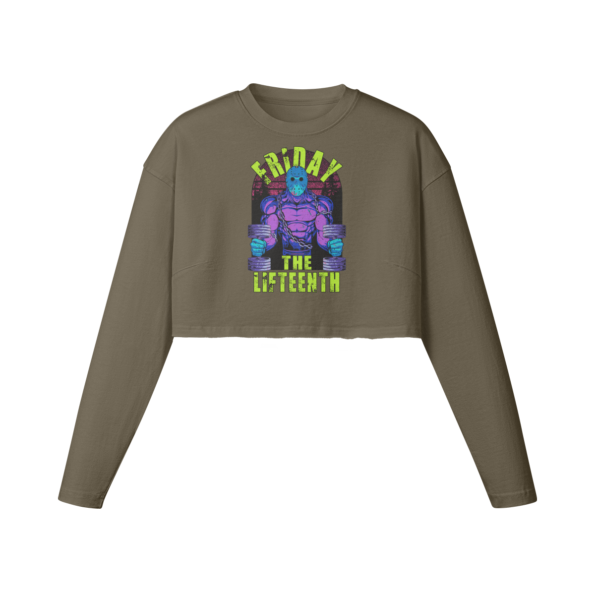 FRIDAY THE LIFTEENTH (RETRO)- Womens Long Sleeve Crop Top-Army Brown-League of Lifters