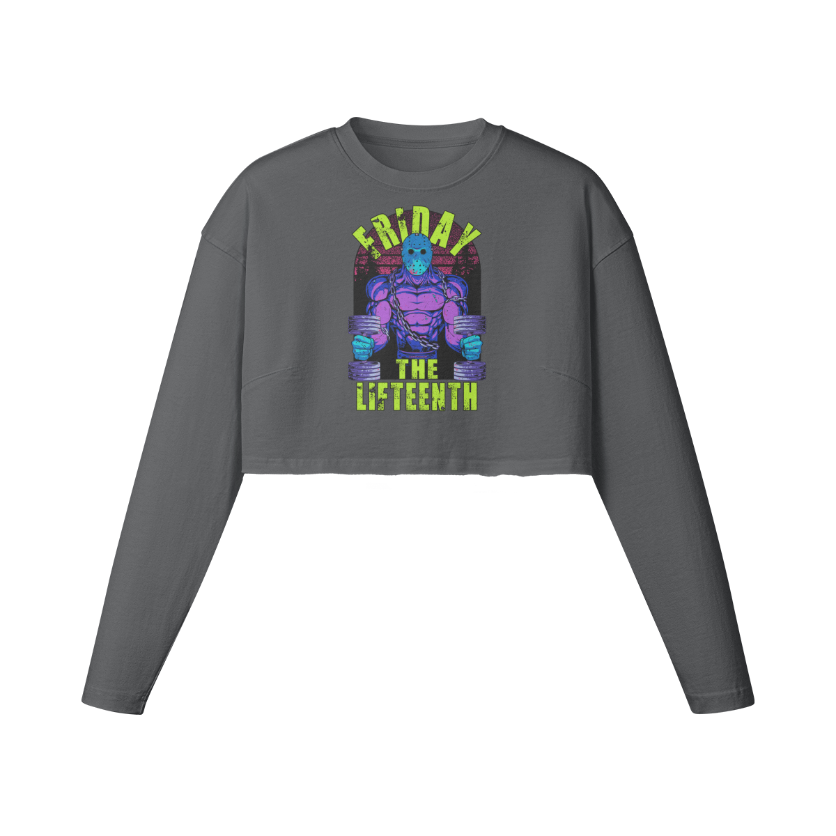 FRIDAY THE LIFTEENTH (RETRO)- Womens Long Sleeve Crop Top-Carbon Gray-League of Lifters