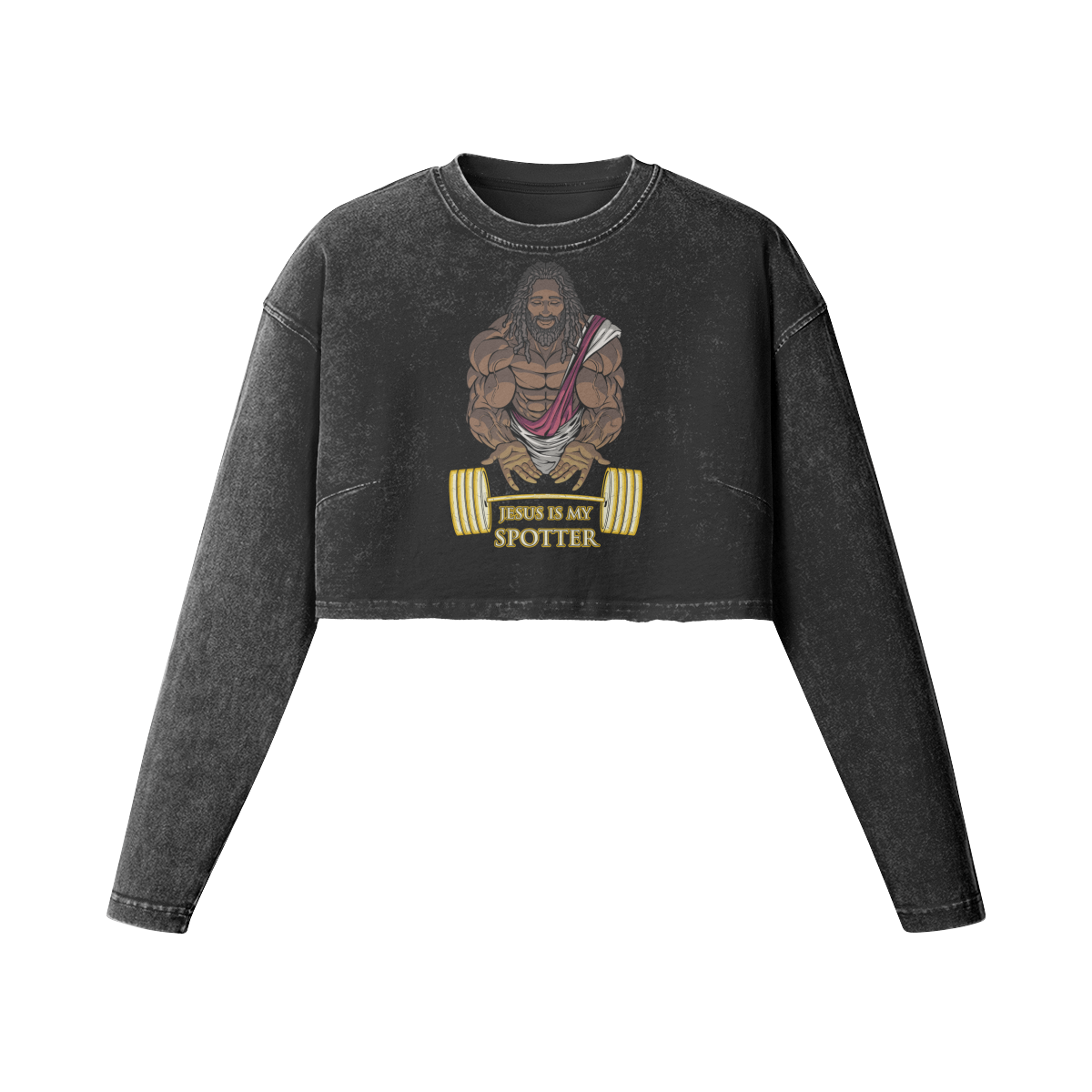 JESUS IS MY SPOTTER (DREADS)- Womens Long Sleeve Crop Top-Faded Black-League of Lifters