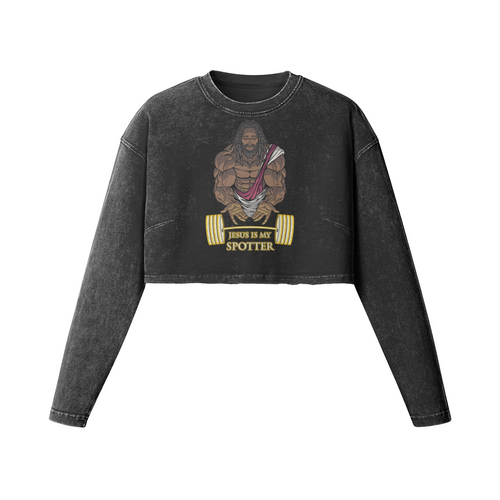 JESUS IS MY SPOTTER (DREADS)- Womens Long Sleeve Crop Top-Faded Black-League of Lifters