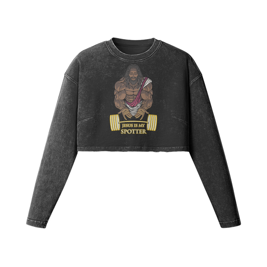 JESUS IS MY SPOTTER (DREADS)- Womens Long Sleeve Crop Top-Faded Black-League of Lifters