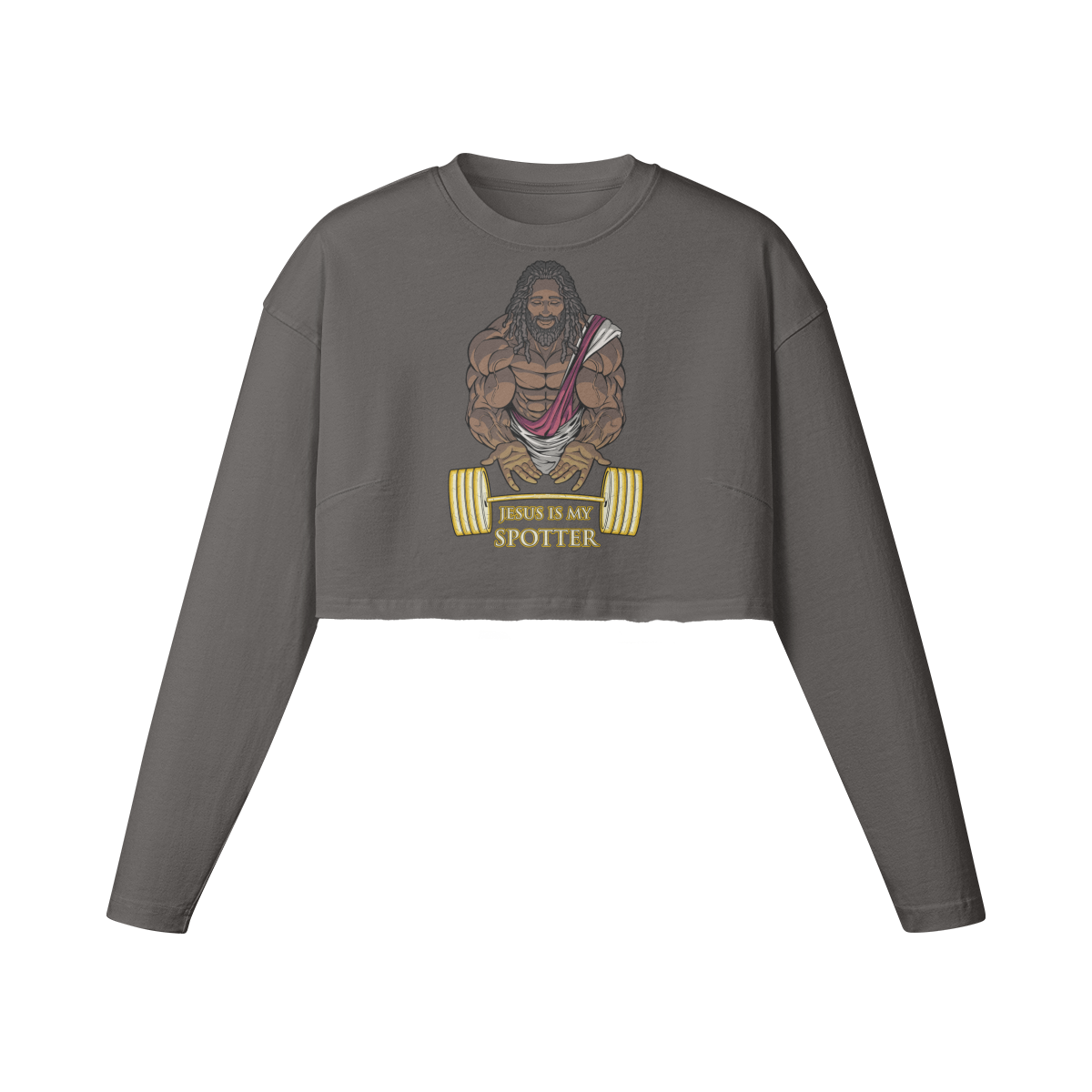 JESUS IS MY SPOTTER (DREADS)- Womens Long Sleeve Crop Top-Granite Gray-League of Lifters