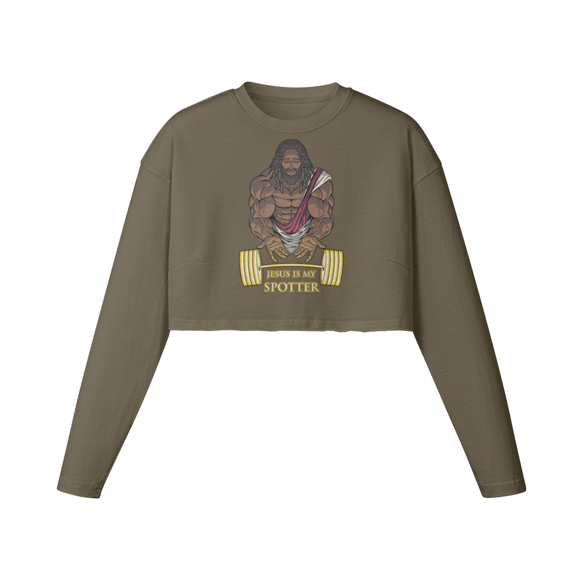 JESUS IS MY SPOTTER (DREADS)- Womens Long Sleeve Crop Top-Army Brown-League of Lifters