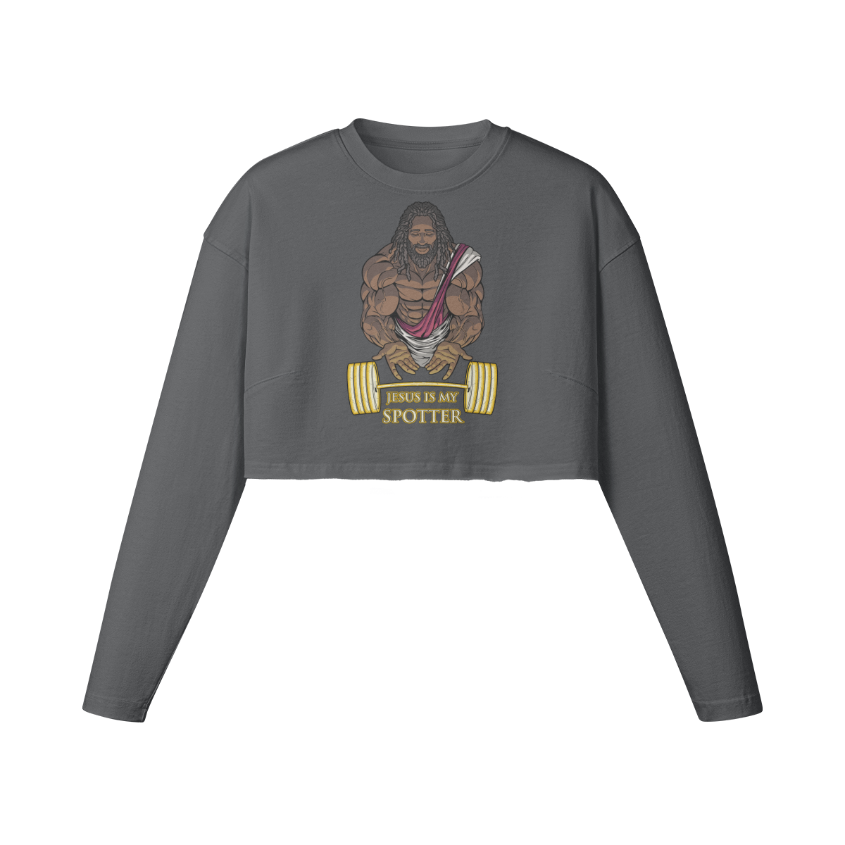 JESUS IS MY SPOTTER (DREADS)- Womens Long Sleeve Crop Top-Carbon Gray-League of Lifters