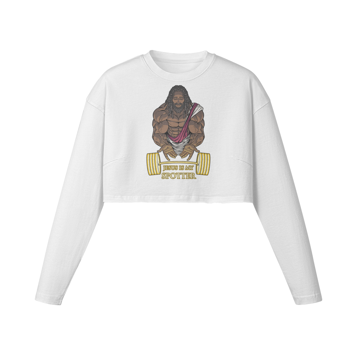 JESUS IS MY SPOTTER (DREADS)- Womens Long Sleeve Crop Top-White-League of Lifters