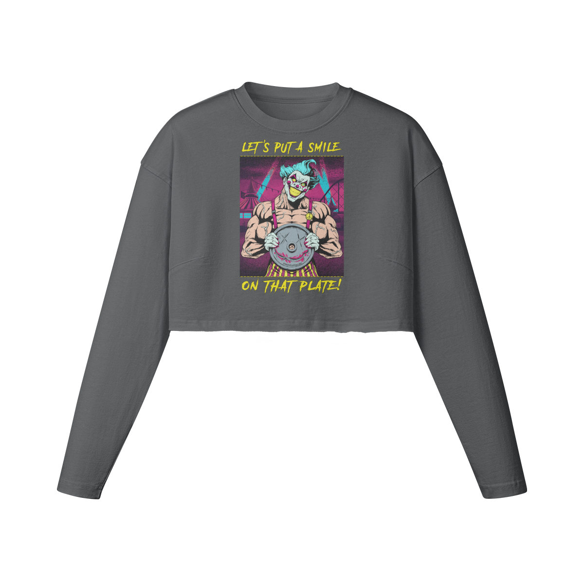 SMILE ON THAT PLATE (RETRO)- Womens Long Sleeve Crop Top-Carbon Gray-League of Lifters
