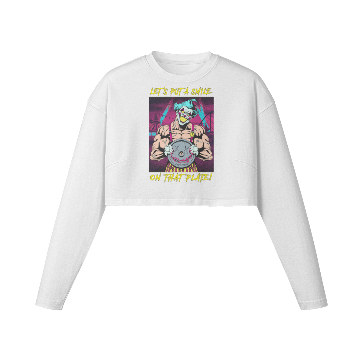 SMILE ON THAT PLATE (RETRO)- Womens Long Sleeve Crop Top-White-League of Lifters