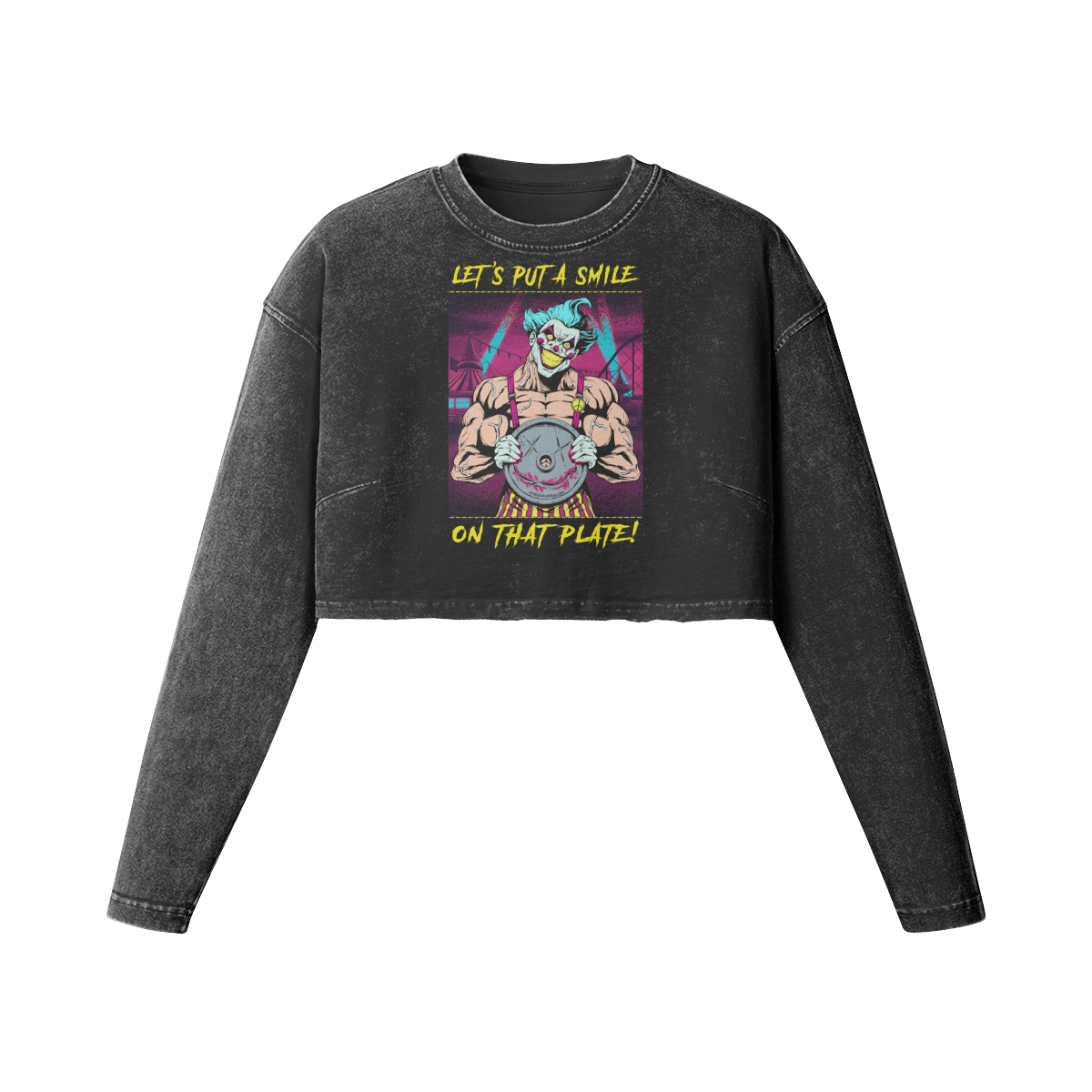 SMILE ON THAT PLATE (RETRO)- Womens Long Sleeve Crop Top-Faded Black-League of Lifters