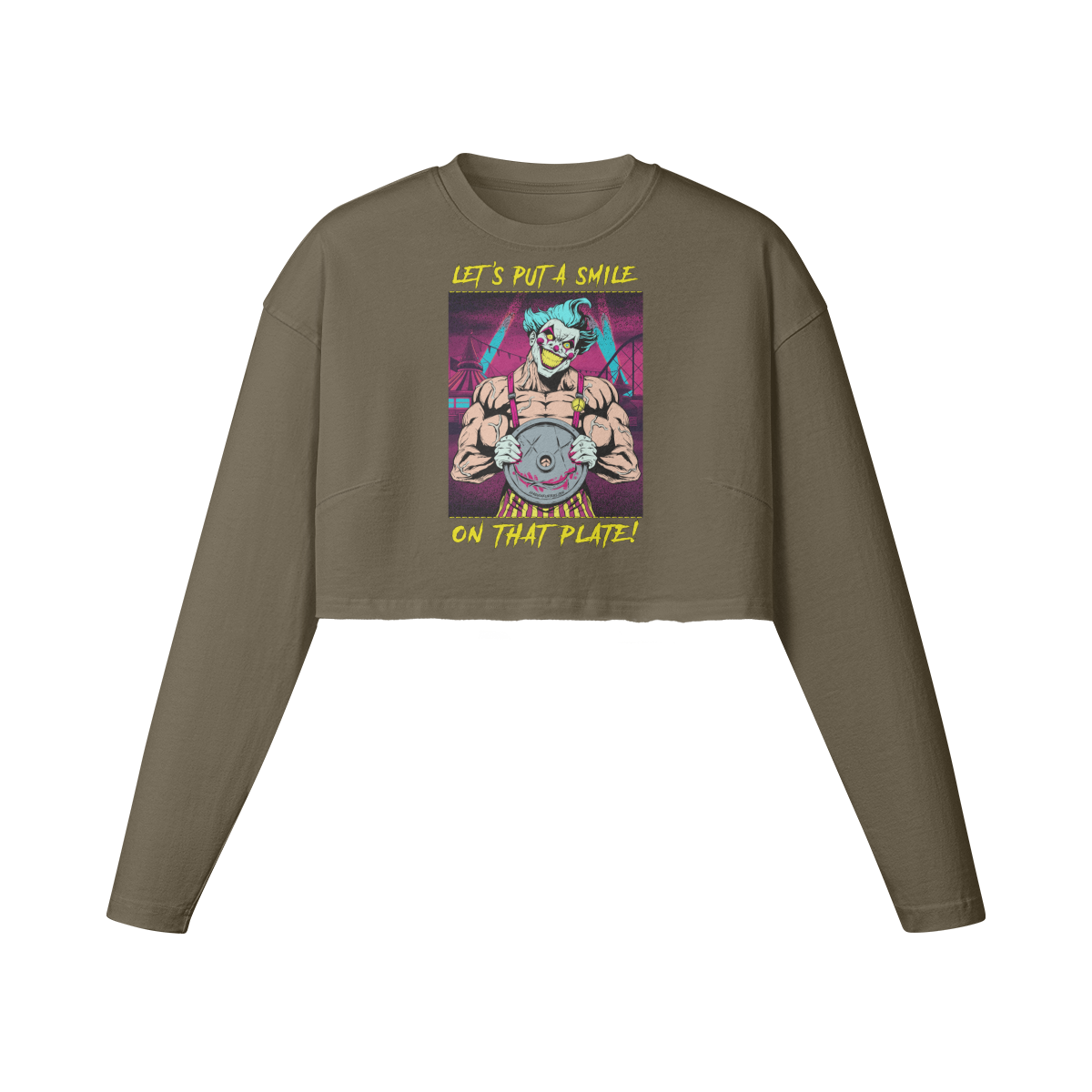 SMILE ON THAT PLATE (RETRO)- Womens Long Sleeve Crop Top-Army Brown-League of Lifters