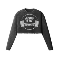 JESUS IS MY SPOTTER (TEXT)- Womens Long Sleeve Crop Top