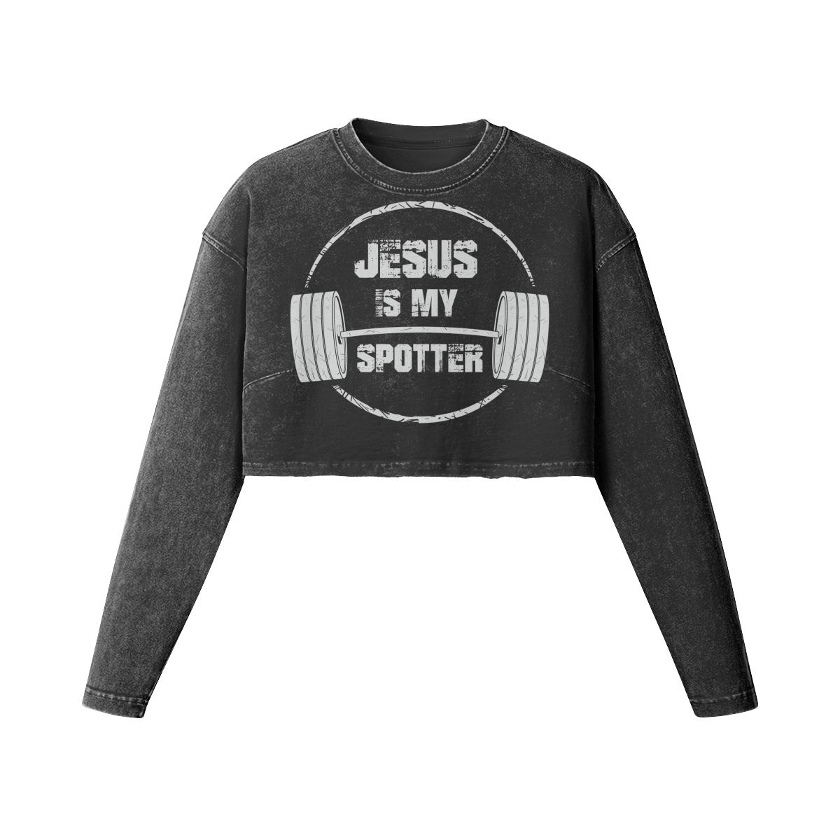 JESUS IS MY SPOTTER (TEXT)- Womens Long Sleeve Crop Top-Faded Black-League of Lifters