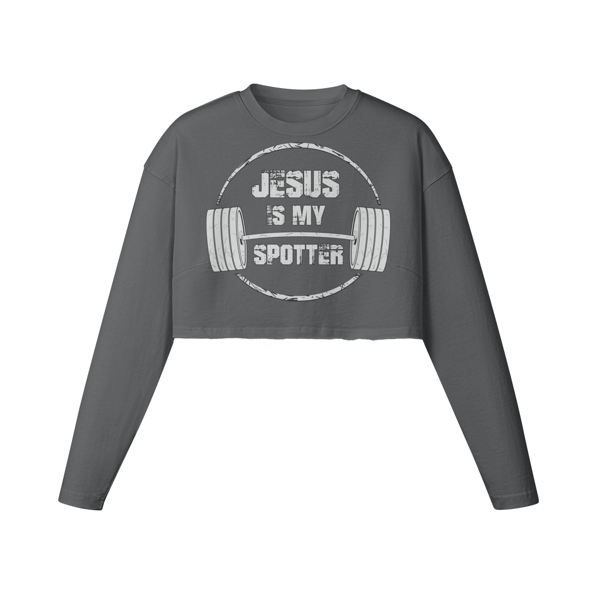 JESUS IS MY SPOTTER (TEXT)- Womens Long Sleeve Crop Top-Carbon Gray-League of Lifters