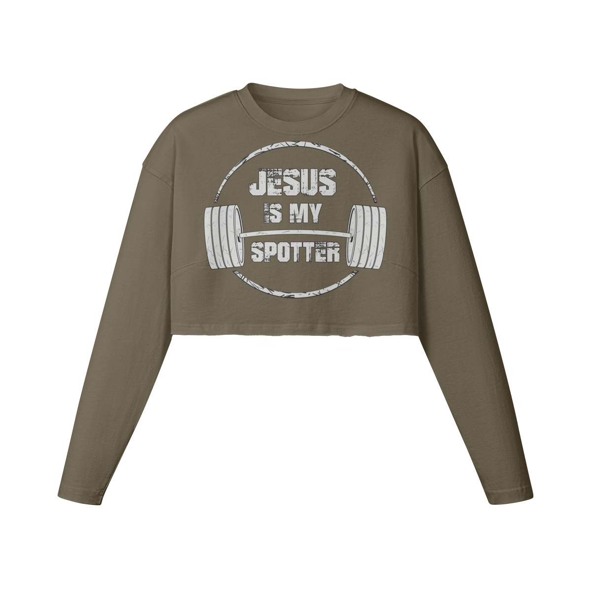 JESUS IS MY SPOTTER (TEXT)- Womens Long Sleeve Crop Top-Army Brown-League of Lifters