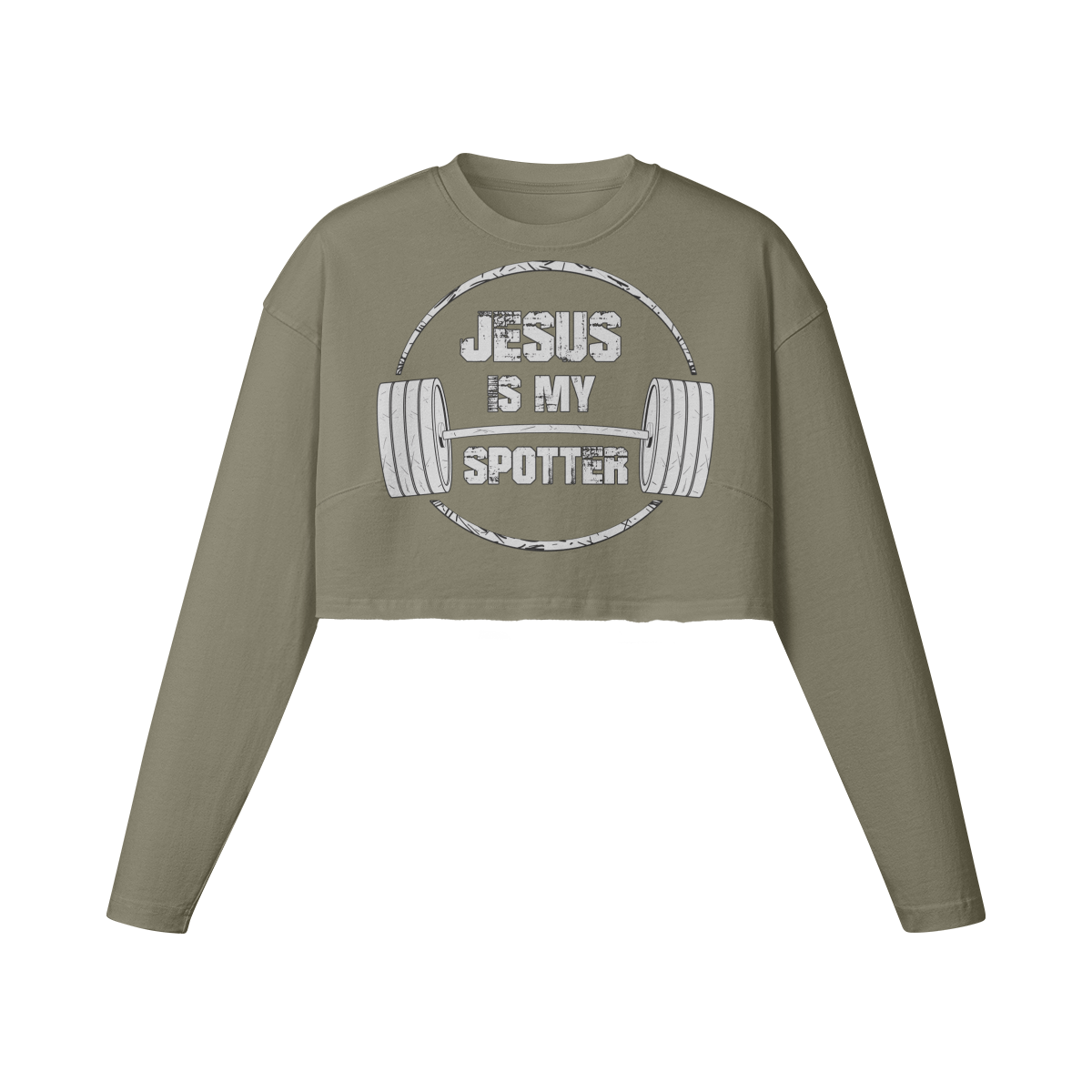 JESUS IS MY SPOTTER (TEXT)- Womens Long Sleeve Crop Top-Artichoke-League of Lifters