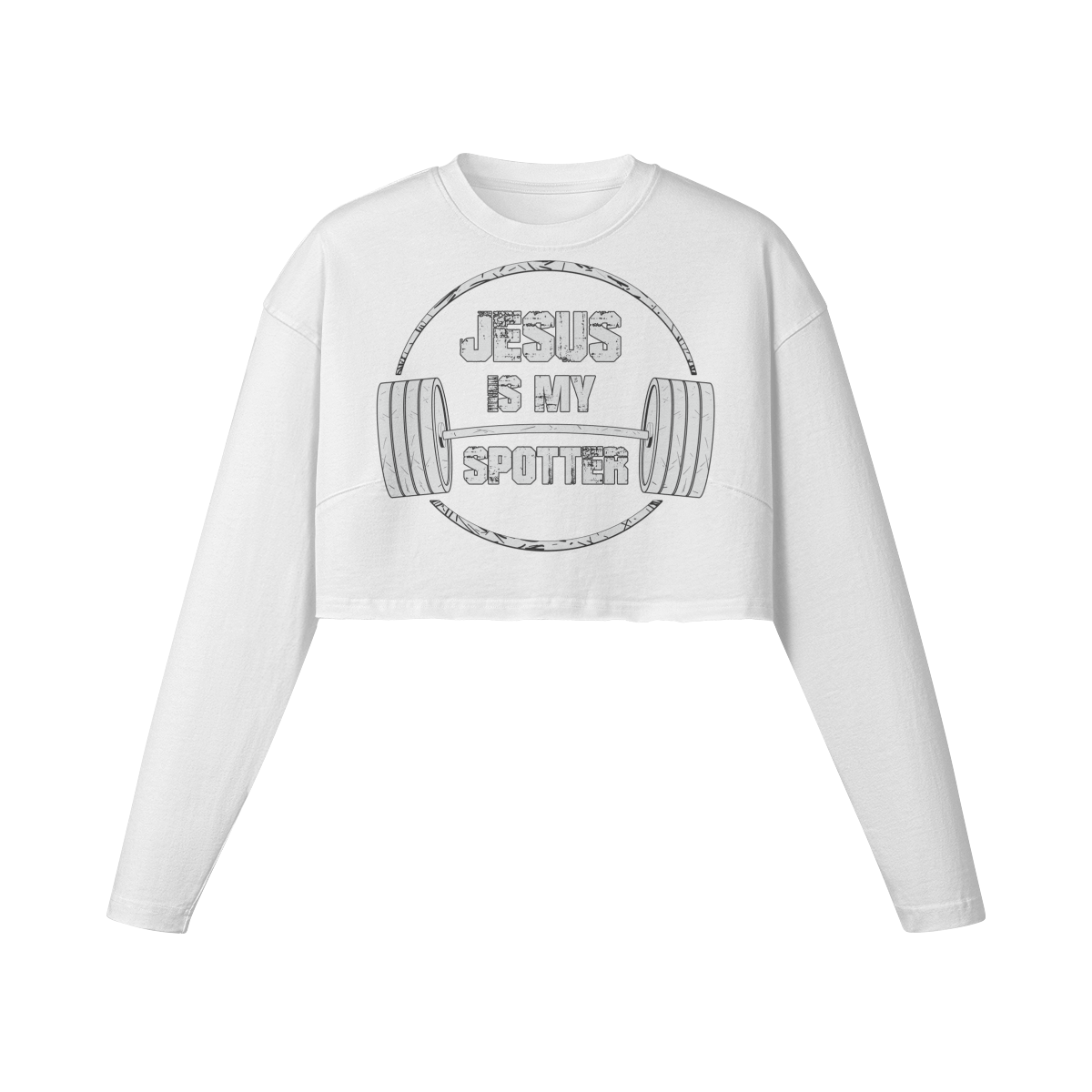JESUS IS MY SPOTTER (TEXT)- Womens Long Sleeve Crop Top-White-League of Lifters