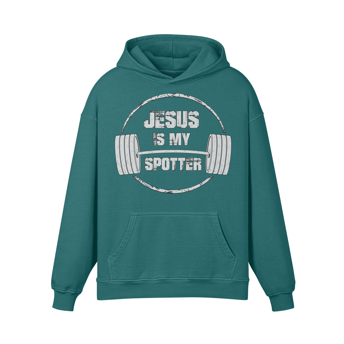 JESUS IS MY SPOTTER (TEXT)- Oversized Hoodie-Blueish Green-League of Lifters