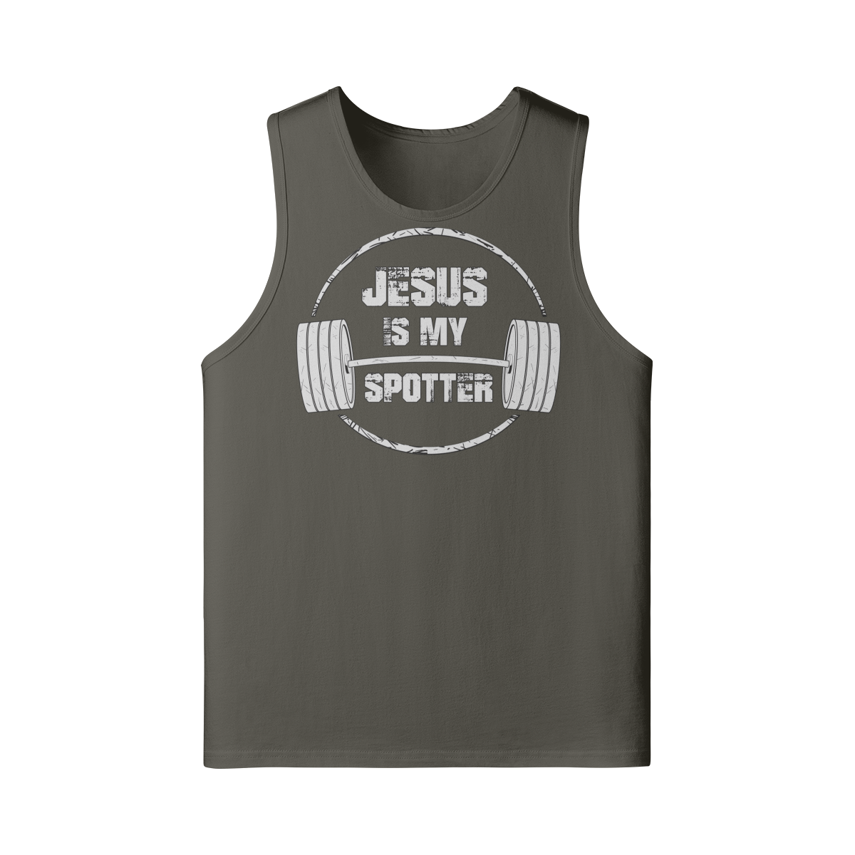 JESUS IS MY SPOTTER (TEXT)- Tank Top-Charcoal Grey-League of Lifters