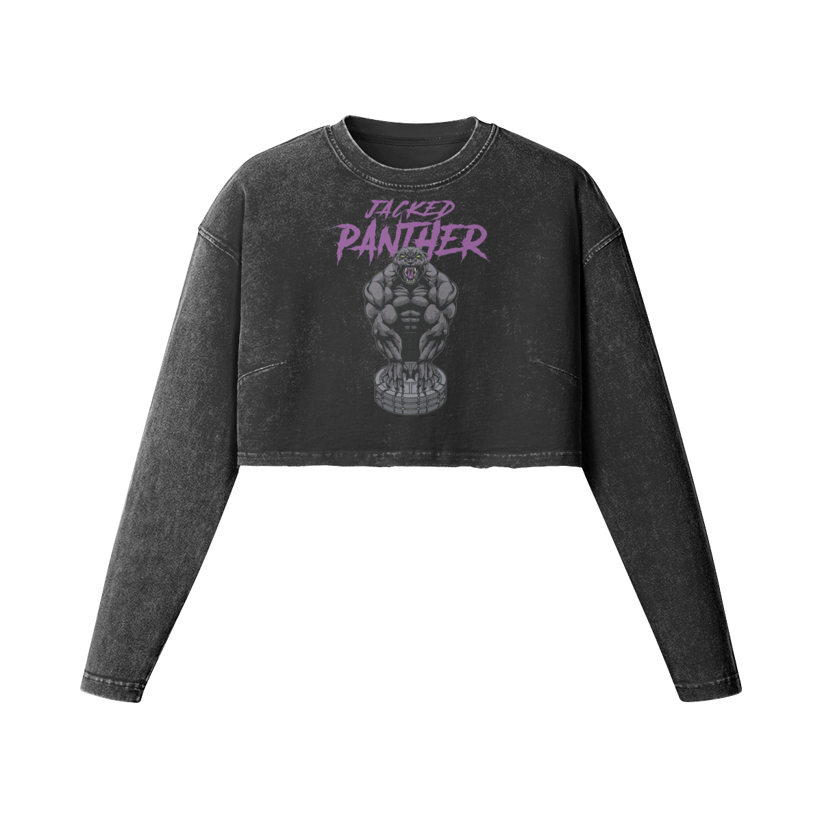 JACKED PANTHER- Womens Long Sleeve Crop Top-Faded Black-League of Lifters