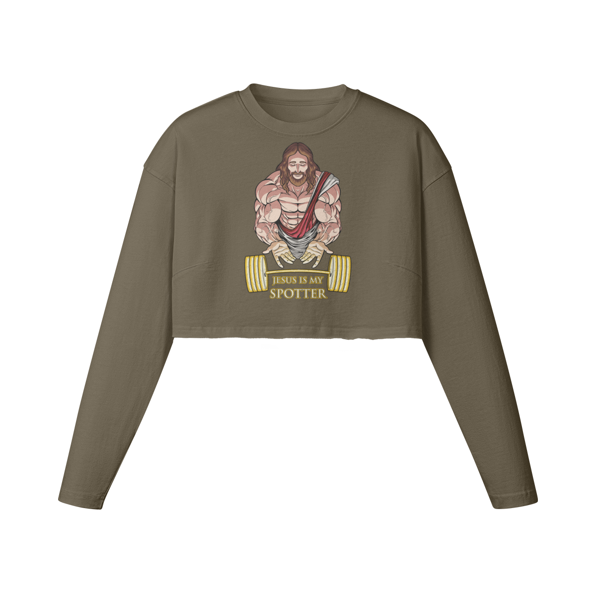 JESUS IS MY SPOTTER- Womens Long Sleeve Crop Top-Army Brown-League of Lifters