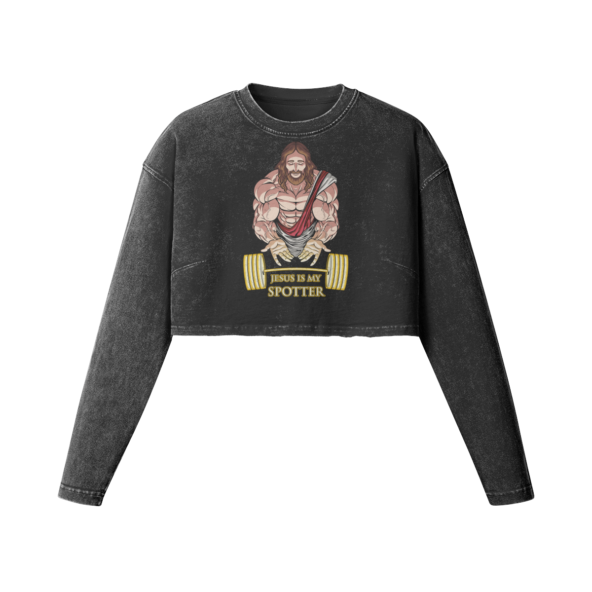 JESUS IS MY SPOTTER- Womens Long Sleeve Crop Top-Faded Black-League of Lifters
