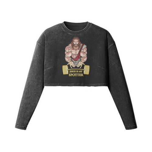 JESUS IS MY SPOTTER- Womens Long Sleeve Crop Top-Faded Black-League of Lifters