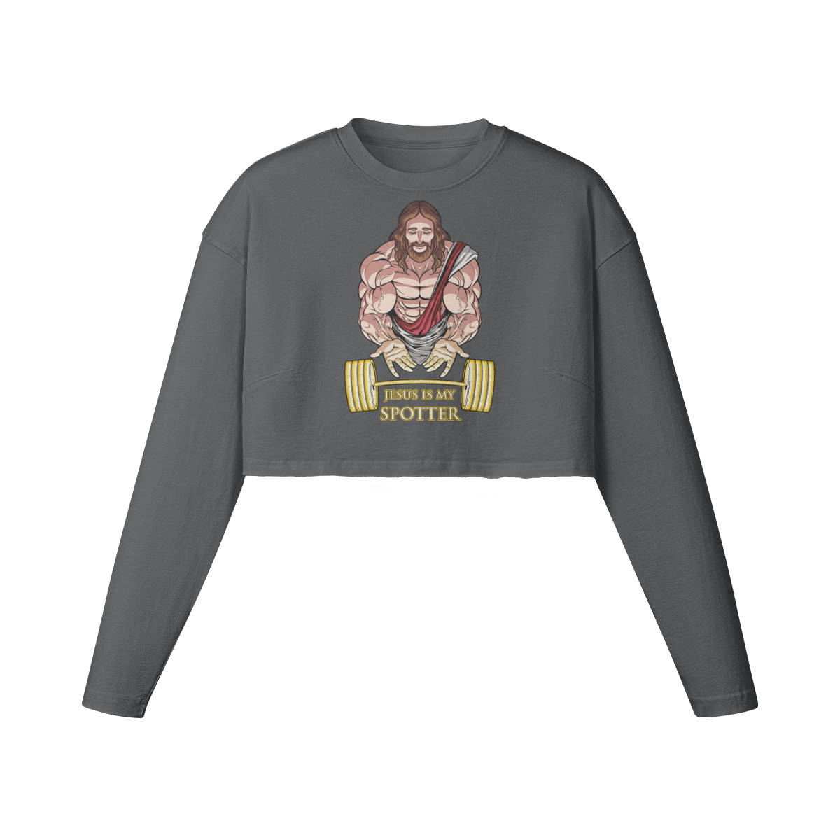 JESUS IS MY SPOTTER- Womens Long Sleeve Crop Top-Carbon Gray-League of Lifters