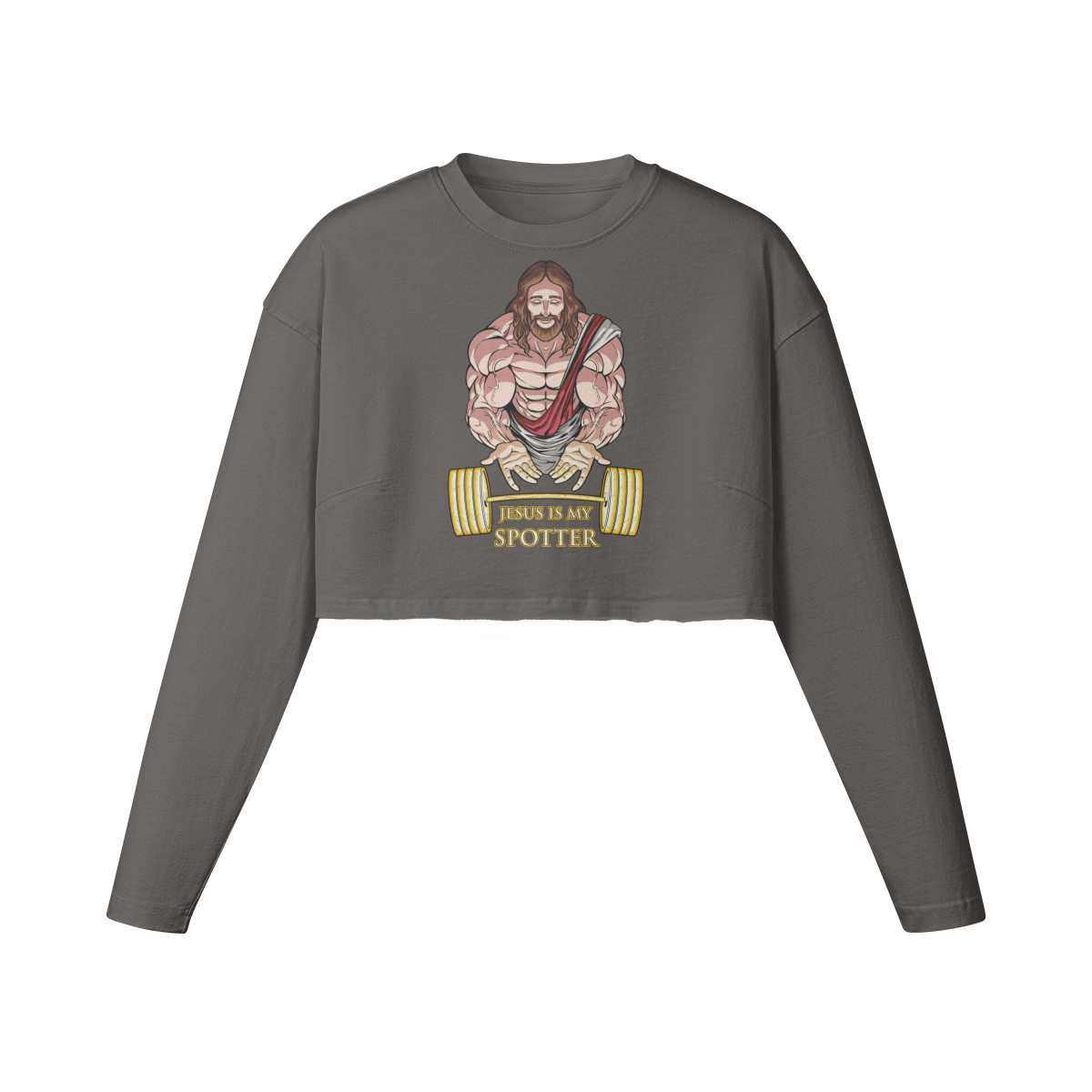 JESUS IS MY SPOTTER- Womens Long Sleeve Crop Top-Granite Gray-League of Lifters