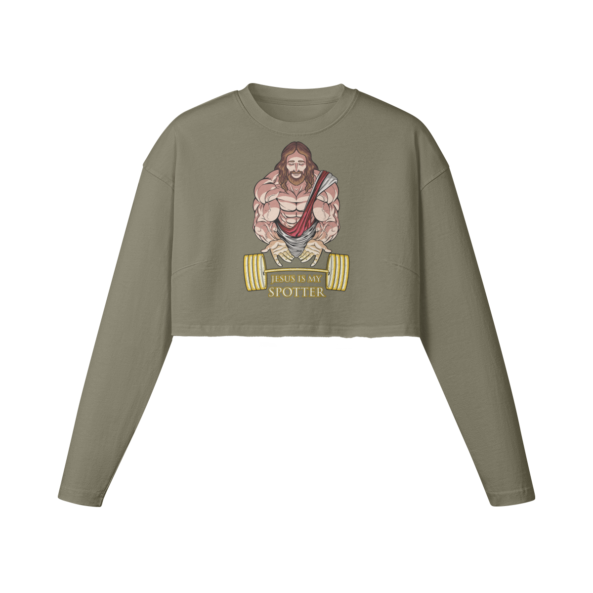 JESUS IS MY SPOTTER- Womens Long Sleeve Crop Top-Artichoke-League of Lifters