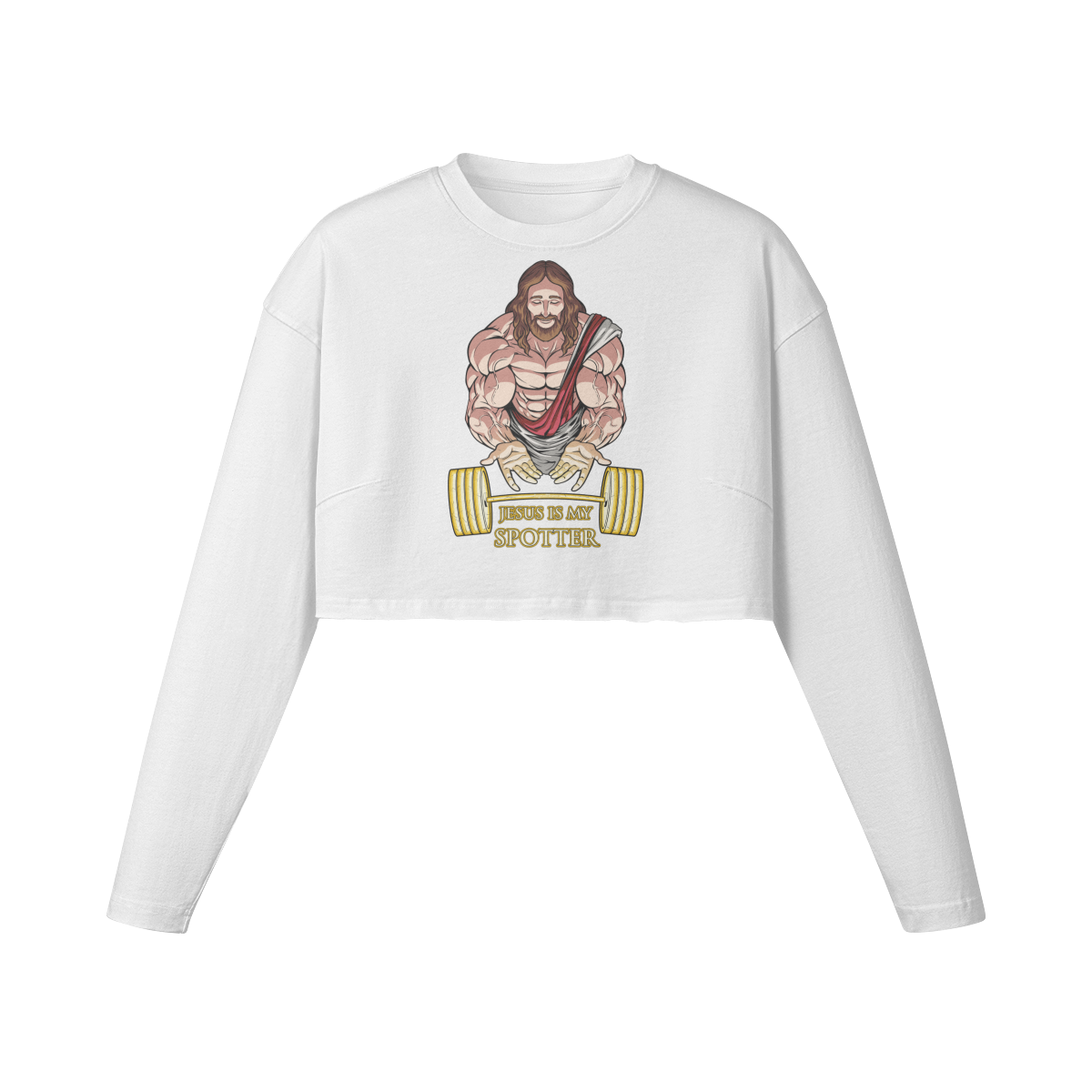 JESUS IS MY SPOTTER- Womens Long Sleeve Crop Top-White-League of Lifters