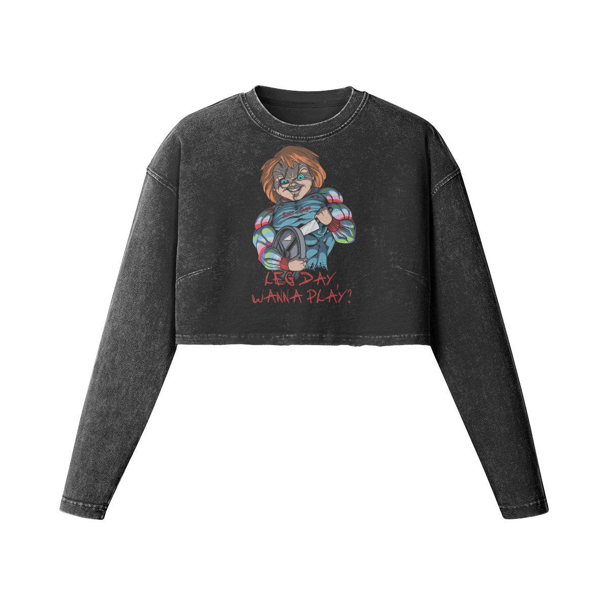 LEG DAY WANNA PLAY?- Womens Long Sleeve Crop Top-Faded Black-League of Lifters