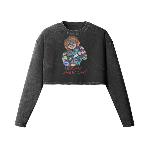 LEG DAY WANNA PLAY?- Womens Long Sleeve Crop Top-Faded Black-League of Lifters