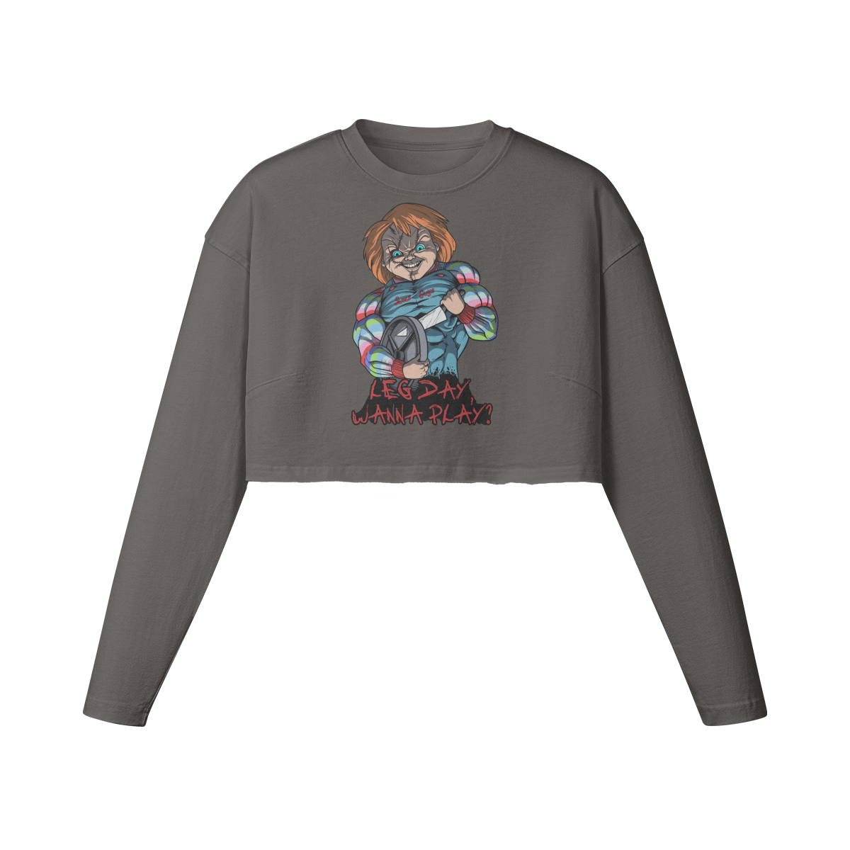 LEG DAY WANNA PLAY?- Womens Long Sleeve Crop Top-Granite Gray-League of Lifters